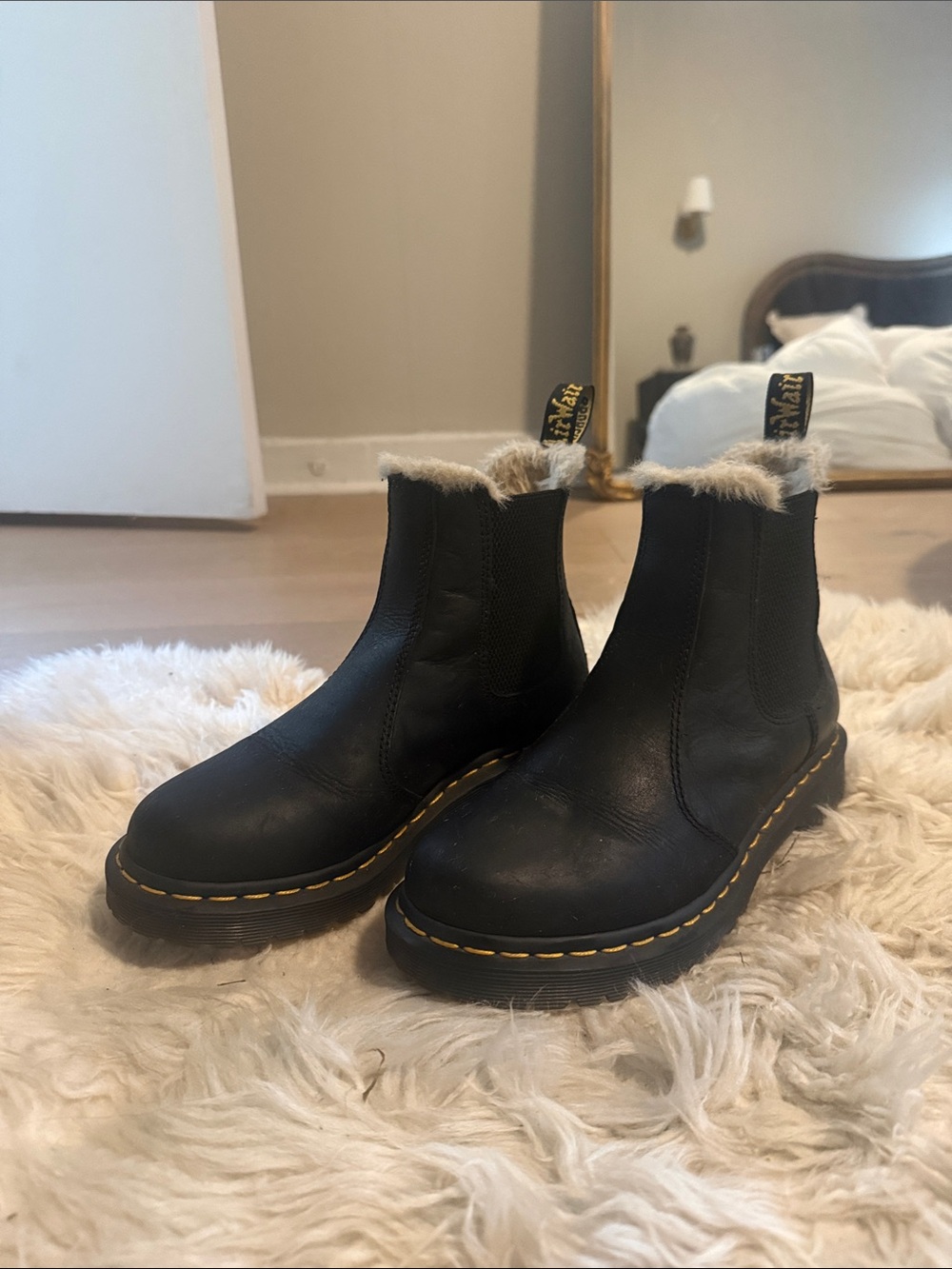 Dr. Martens Black Leather Fur-Trim Chelsea Boots with Yellow Stitching